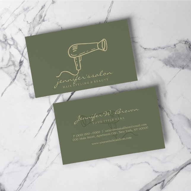 Salong stylist Sage Green Guld Hår Frisör Visitkort (Sage Green Gold Hair Dresser Salon Stylist Business Card)
