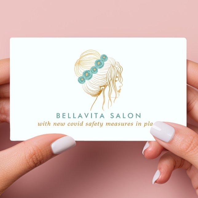 Salong Teal Guld Blommig Updo Frisör Covid Säkerhe Visitkort (Skapare uppladdad)