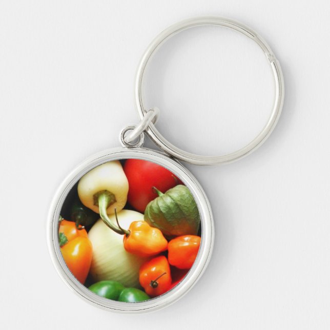 Salsa Vegetables, Tomato, Paprika, Onion Rund Silverfärgad Nyckelring (Framsidan)