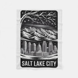 Salt Lake City Skyline Black and White Woodcut  Fleecefilt
