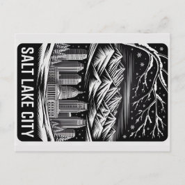 Salt Lake City Skyline Black and White Woodcut  Vykort