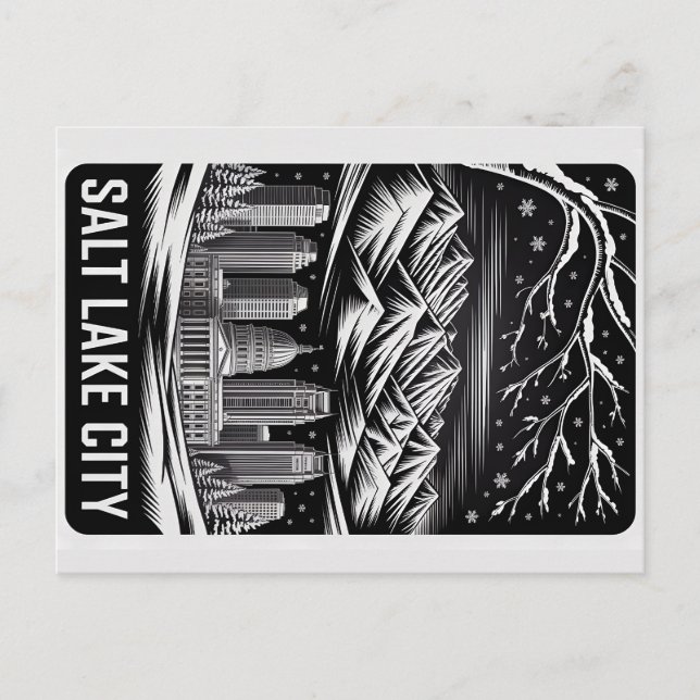 Salt Lake City Skyline Black and White Woodcut  Vykort (Framsida)