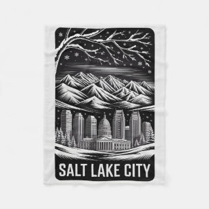 Salt Lake City Skyline Svart och Vitt Träsnitt  Fleecefilt