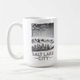 Salt Lake City Skyline Svart och Vitt Träsnitt Kaffemugg