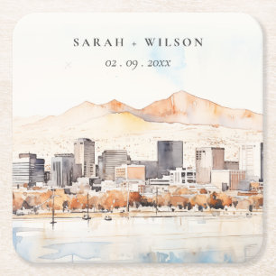 Salt Lake City, Utah Vattenfärg Landskaps Bröllop Underlägg Papper Kvadrat