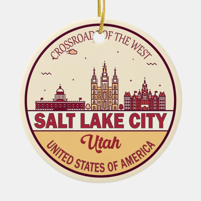 Salt Sjö City Utah City Skyline Emblem Julgransprydnad Keramik (Framsidan)