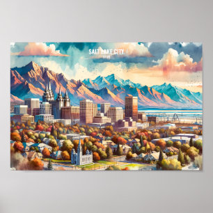 Salt Sjö City Utah USA Travel Ställe vattenfärg Poster