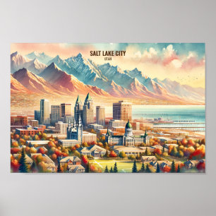 Salt Sjö City Utah USA Travel Ställe vattenfärg Poster