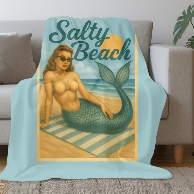 Salt Strand Retro Pin-Up Havsfruskonst Rolig Kust Fleecefilt (Skapare uppladdad)