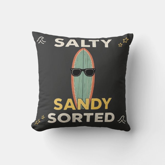 Saltig Sandy Sorterad Rolig Surfbräda Strand Somma Kudde (Framsida)