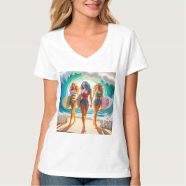 Saltiga Systraskap Trio Flickor Strandpromenad Sur T Shirt