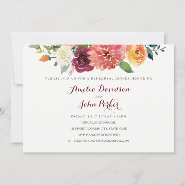 Saltvattenfärg, Blommigt Bröllop Rehearsal Middag Inbjudningar (Framsida)