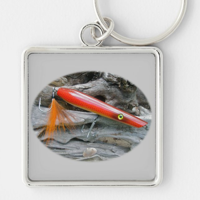 Saltwater Lure Popper Firebird-koordinationsobjekt Fyrkantig Silverfärgad Nyckelring (Framsidan)