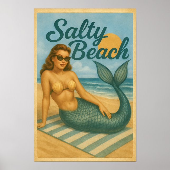 Salty Beach Pin-Up Mermaid -Retro Coastal Life Art Poster (Framsidan)