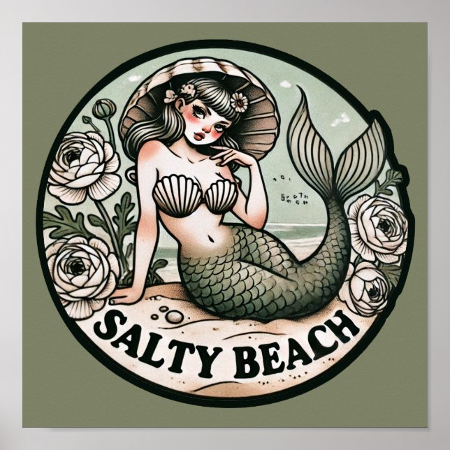 Salty Beach Sjöjungfru Humor Funny Sjöjungfruar Poster (Framsidan)