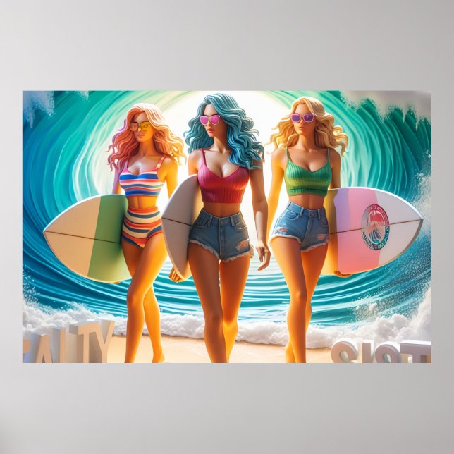 Salty Sisterhood Trio Girls Beach Walk Surfer Poster (Framsidan)
