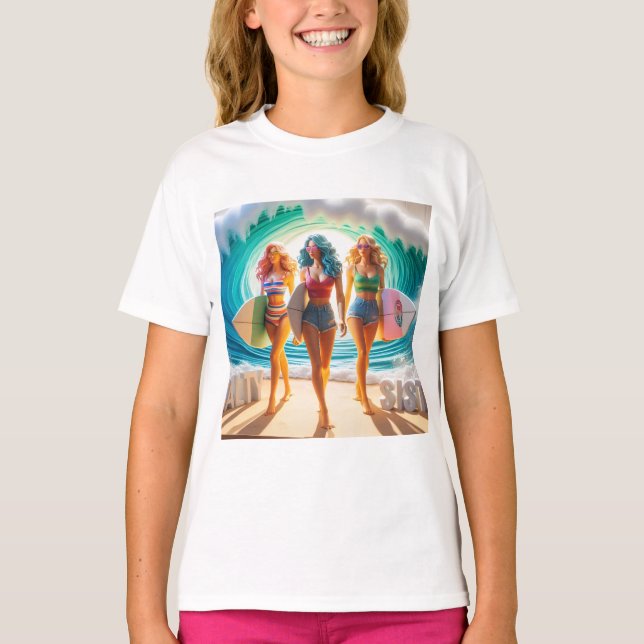 Salty Sisterhood Trio Girls Beach Walk Surfer T Shirt (Framsida)