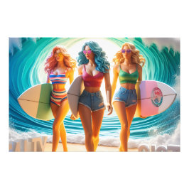 Salty Sisterhood Trio Tjej Strandpromenad Surfare Fototryck