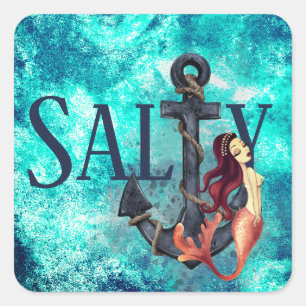 Salty - Vackert Sjöjungfru, Anchor Nautical Fyrkantigt Klistermärke