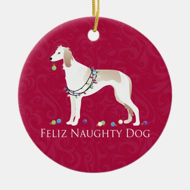 Saluki Feliz Naughty Hund juldesign Julgransprydnad Keramik (Framsidan)