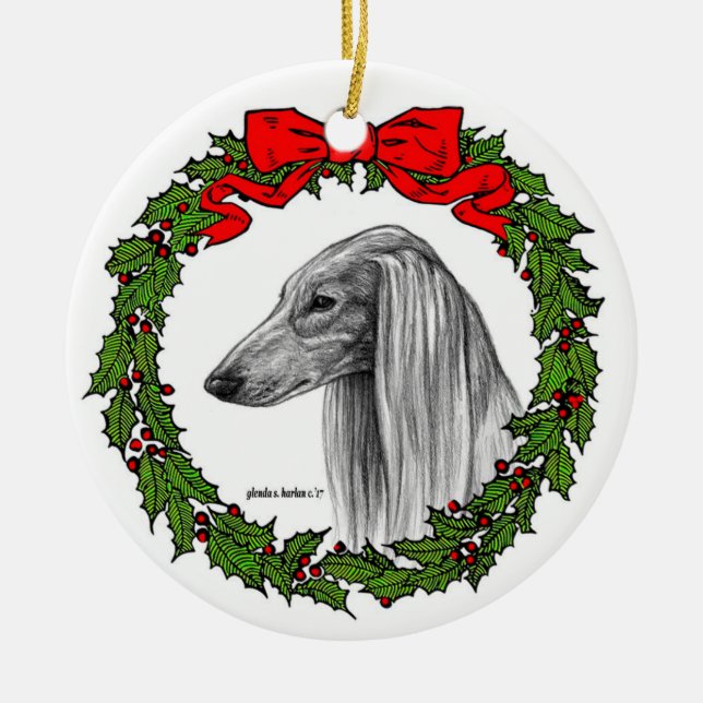 Saluki Hund Art by Glenda S. Harlan Julgransprydnad Keramik (Framsidan)