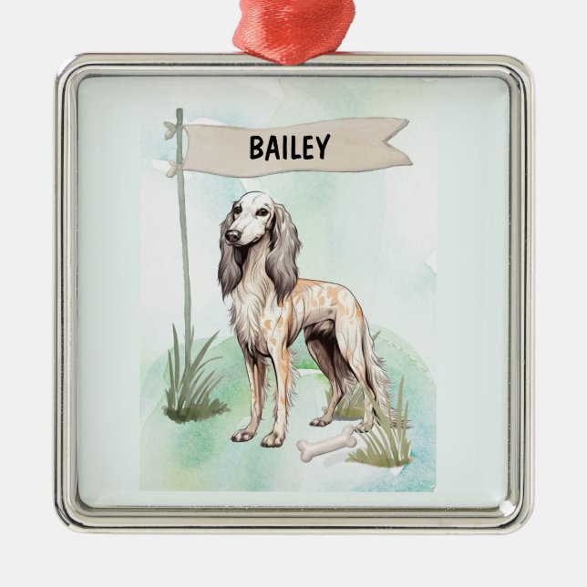 Saluki Watercolor Personalized Dog Julgransprydnad Metall (Framsidan)