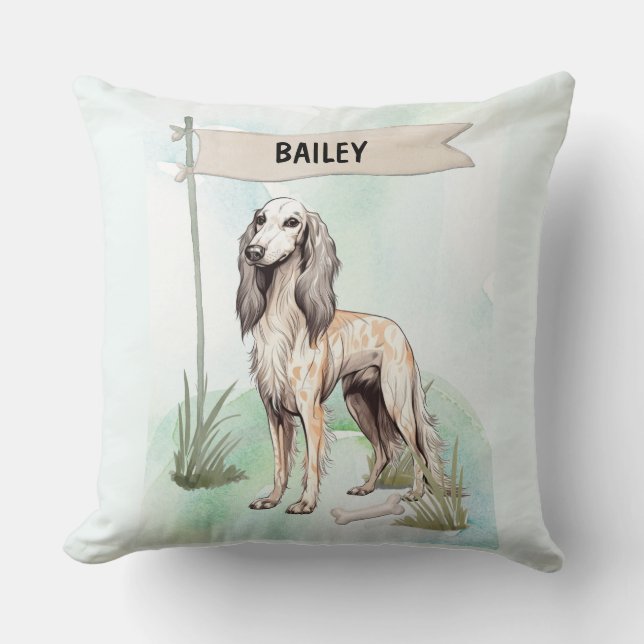 Saluki Watercolor Personalized Dog Kudde (Framsida)