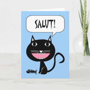 Salut! Hej i Fransk, svart katt med fiskben Kort