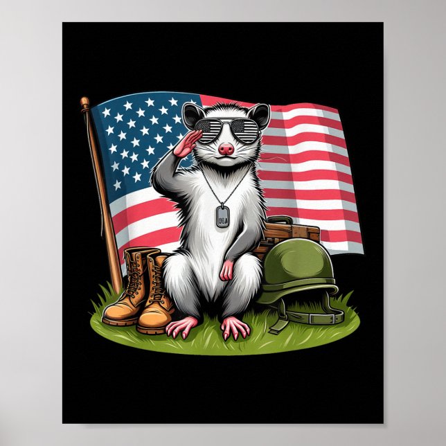 Salute Possum American USA flagga Memorial Day 4 O Poster (Framsidan)