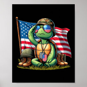 Salute Turtle American USA flagga Memorial Day 4th Poster