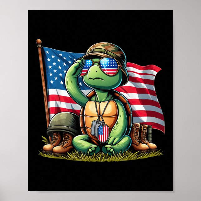 Salute Turtle American USA flagga Memorial Day 4th Poster (Framsidan)