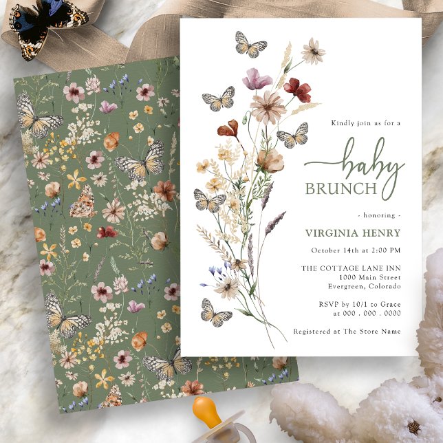 Salvia Boho Vildblomma Baby Brunch Inbjudningar (Sage Green Boho Wildflower Baby Brunch Invitation with Butterflies by Painted Paperie
)