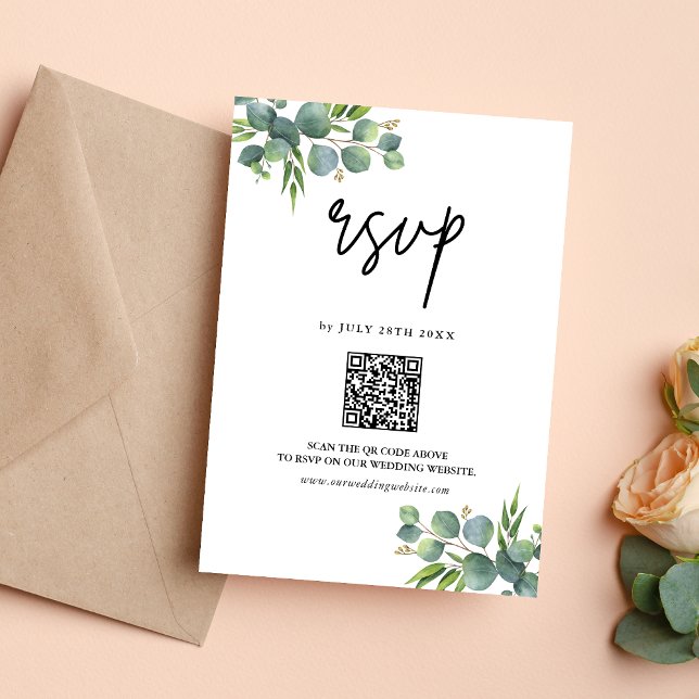 Salvia Eukalyptus Skogsbröllop QR-kod OSA Kort (Sage eucalyptus woodland QR code RSVP card lets guests respond easily with natural charm.)