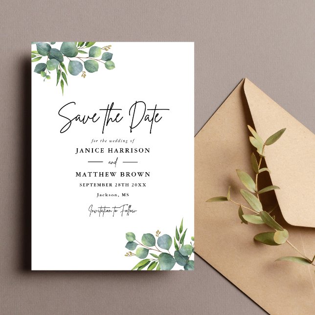 Salvia Eukalyptus Skogsbröllop Spara Datumet (Sage eucalyptus woodland save the date adds natural charm and shares your wedding date beautifully.)