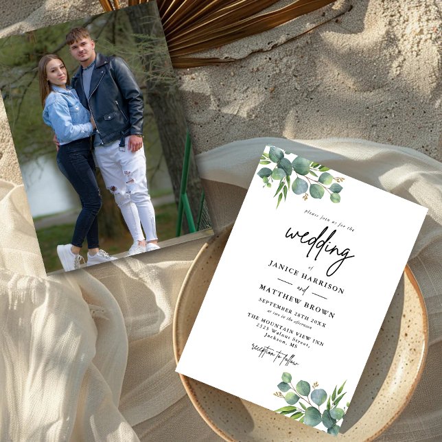 Salvia Eukalyptus Skogslandskaps Foto Bröllop Inbjudningar (Sage eucalyptus photo invitation adds woodland charm and beautifully shares your love story.)