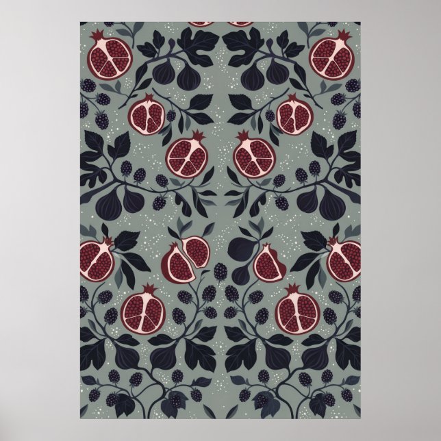 Salvia Granatäpple Fikon Folklig Botanisk Mönster  Poster (Framsidan)