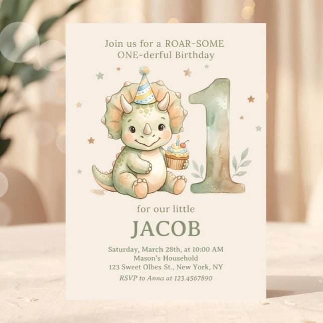 Salvia Grön Akvarell Dino Första Födelsedag Inbjudningar (dinosaur birthday invitation, 1st birthday dinosaur, dinosaur invite, triceratops birthday invite, s)