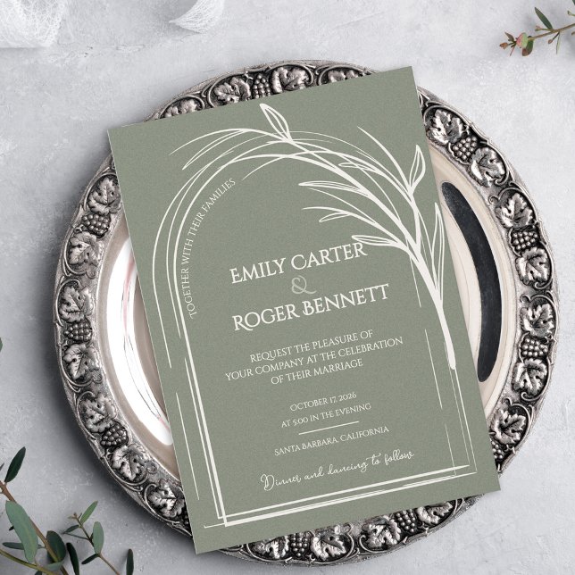 Salvia Grön Ark Botanisk Bröllopsinbjudan (Sage Green Minimalist Arch Botanical Wedding Invitation Flat Card | Modern Elegant Wedding Invite)