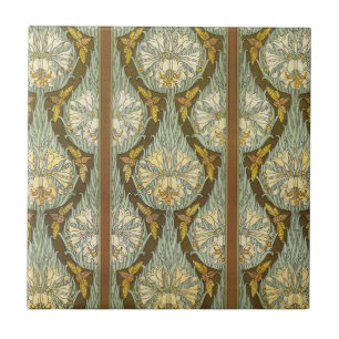 Salvia Grön Art Nouveau Lilje Insekt Mönster Kakelplatta
