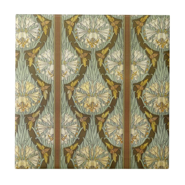Salvia Grön Art Nouveau Lilje Insekt Mönster Kakelplatta (Framsidan)