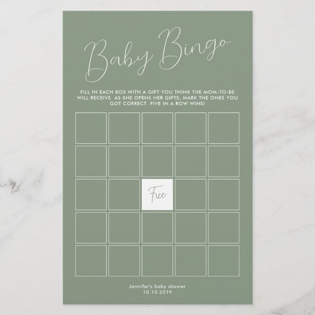 Salvia Grön Baby Shower Bingo Spel (Framsida)