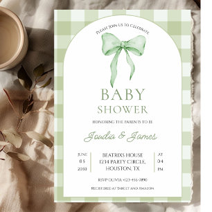 salvia grön båge gingham baby shower inbjudan