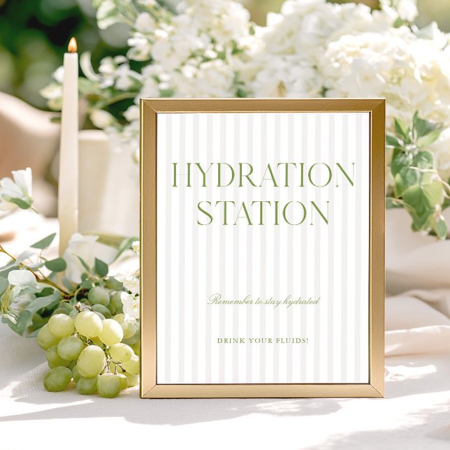 Salvia Grön & Beige Randig Hydrationsstation Skylt (Sage Green & Beige Stripe Hydration Station Sign)