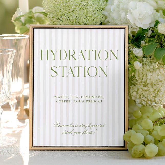 Salvia Grön & Beige Randig Hydrationsstation Skylt (Sage Green & Beige Stripe Hydration Station Sign)