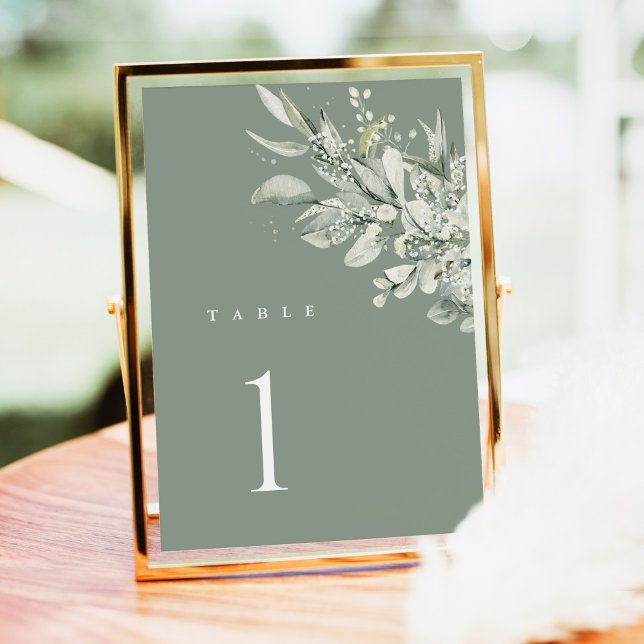 Salvia Grön Botanisk Bröllopsbord Nummerkort Bordsnummer (Sage green botanical wedding table number card, elegant greenery design, modern reception decor)