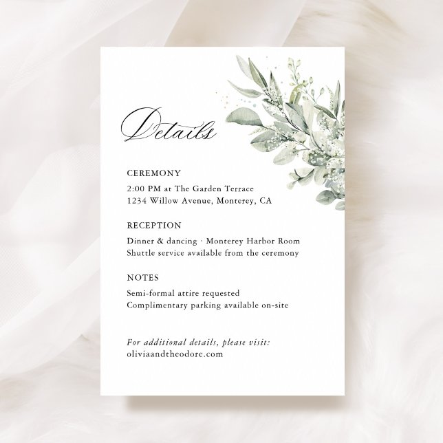 Salvia Grön Botanisk Bröllopsdetalj, Ceremoni Tilläggskort (Sage green botanical wedding details card, ceremony enclosure stationery with watercolor greenery)