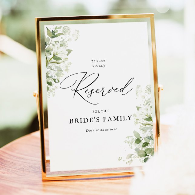 Salvia Grön Ekologisk Grönska Bröllop Reserverad S Poster (Sage green wedding reserved seating sign with organic greenery florals for ceremony family seating)