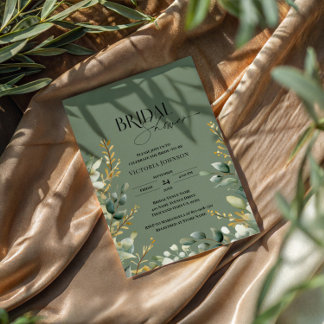 Salvia Grön Eukalyptus Vattenfärg Bröllopsdusch Inbjudningar