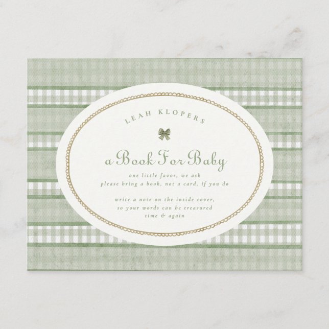 salvia grön gingham båge böcker för baby shower tilläggskort (Framsida)