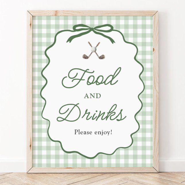 Salvia Grön Gingham Bandy Golf Mat och Dryckeskylt Poster (Sage Green Gingham Bow Golf Food and Drinks Sign)